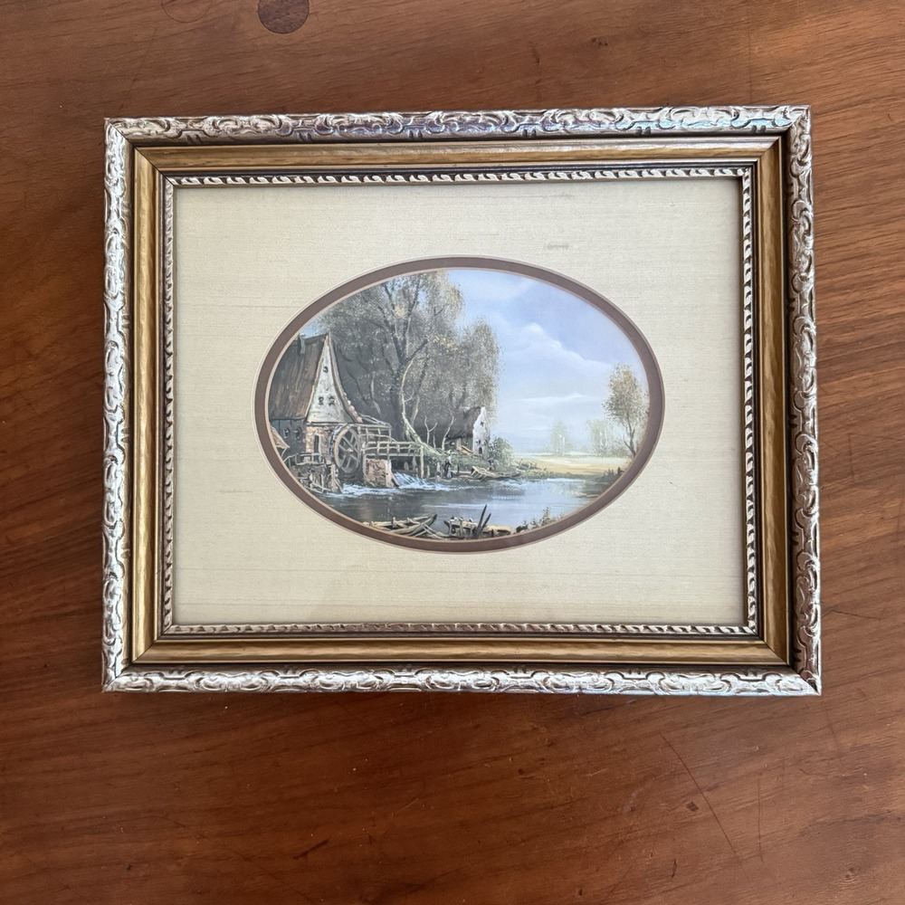 Vintage Framed Water Mill Landscape Print Ornate Gold Gilt Frame Oval Silk Mat